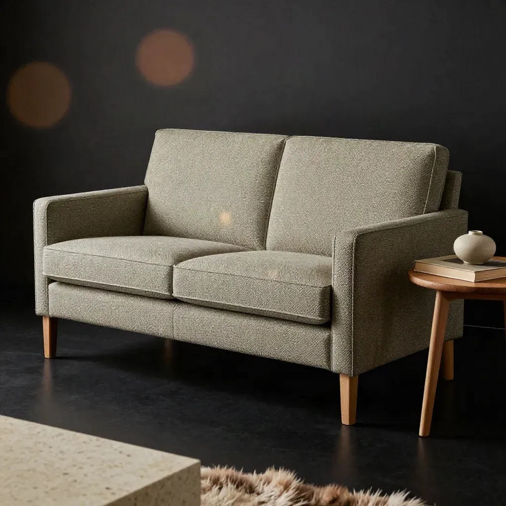 Compacte saliegroene loveseat naast bijzettafel en gesloten boek, in dramatisch studiolicht.