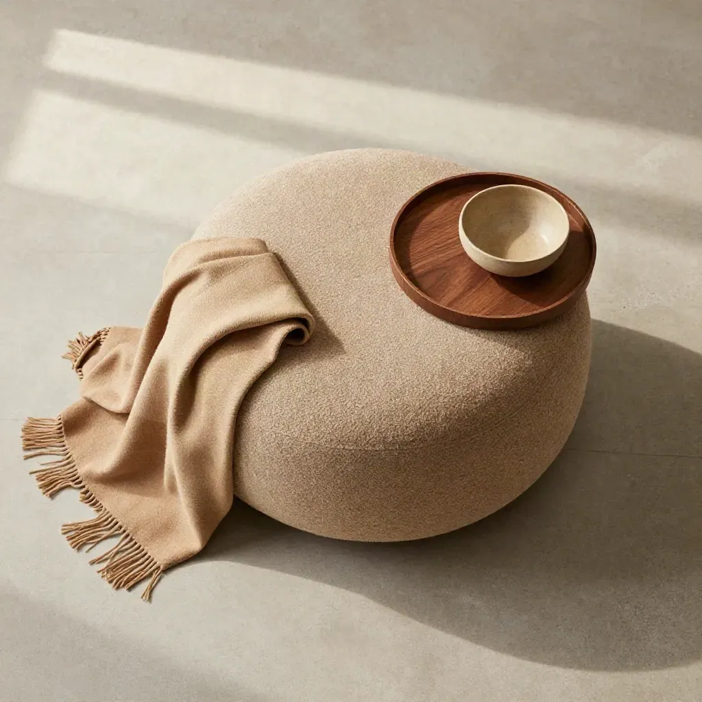 Bovenaanzicht van een zandkleurige bouclépouf met tray, plaid en kom op een betonnen plaat.