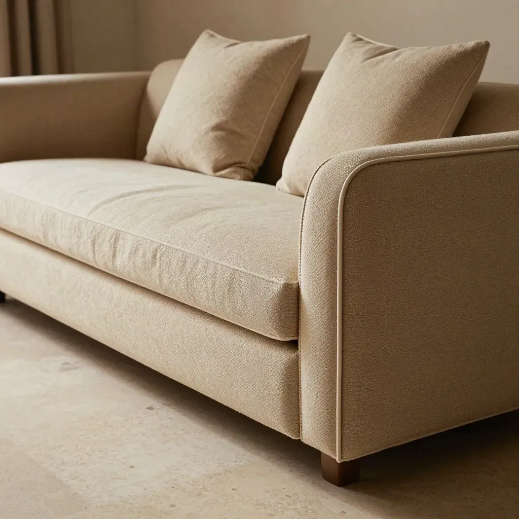 Close-up van een beige chenillebank met cream plaid en diep ingezakte kussens, warm en zacht.