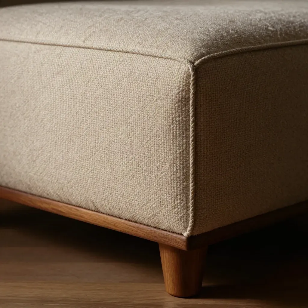 Close-up van een bouclé voetenbank met gestikte rand en houten poot in warm licht.